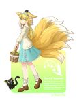  1girl absurdres animal_ears arknights basket black_cat blonde_hair cardigan cat chinese_commentary chouhen_huanhua_cheng_haiyang commentary_request flower fox_ears fox_girl fox_tail frilled_hairband frills full_body green_eyes hairband highres holding holding_basket kitsune lily_of_the_valley long_hair long_sleeves luo_xiaohei luo_xiaohei_(cat) luo_xiaohei_zhanji multicolored_hair multiple_tails official_alternate_costume shoes skirt socks suzuran_(arknights) suzuran_(spring_praise)_(arknights) tail white_socks 