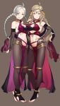  2girls absurdres ahoge alternate_costume bare_shoulders blonde_hair breasts bushidokuroi commission commissioner_upload cosplay dancer dorothea_arnault dorothea_arnault_(cosplay) earrings feet fire_emblem fire_emblem_fates fire_emblem_heroes full_body highres jewelry lene_(fire_emblem) lene_(fire_emblem)_(cosplay) licking_lips medium_breasts midriff multiple_girls navel nina_(fire_emblem) ophelia_(fire_emblem) red_nails revision toeless_legwear tongue tongue_out twintails white_hair 