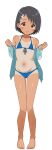  1girl aqua_jacket bare_legs bare_shoulders barefoot bikini black_bikini black_hair blue_bikini breasts collarbone dot_nose full_body hair_ornament hairclip highres idolmaster idolmaster_cinderella_girls jacket long_sleeves looking_at_viewer navel off_shoulder one-piece_tan open_clothes open_jacket open_mouth red_eyes sasaki_chie short_hair simple_background small_breasts solo standing stomach swimsuit takku tan tanlines toes white_background 