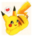  :3 animal_focus banchiku beige_background black_eyes blush_stickers border commentary_request fang full_body gen_1_pokemon happy heart jpeg_artifacts looking_to_the_side lying no_humans on_stomach open_mouth outside_border pikachu pokemon pokemon_(creature) simple_background smile solo speech_bubble spoken_heart white_border 