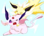  &gt;_&lt; :3 animal_focus banchiku blue_background blush closed_eyes commentary_request electricity espeon fang forehead_jewel full_body gen_1_pokemon gen_2_pokemon glomp happy hug jolteon jumping lightning_bolt lying no_humans nose_blush on_stomach one_eye_closed open_mouth pokemon pokemon_(creature) purple_eyes simple_background smile wavy_mouth 