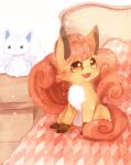 :3 alolan_form alolan_vulpix animal_focus argyle banchiku bangs bed blush brown_eyes commentary_request doll fang full_body gen_1_pokemon gen_7_pokemon happy highres indoors looking_to_the_side no_humans on_bed open_mouth pokemon pokemon_(creature) red_hair shiny shiny_hair short_hair sitting smile solo stuffed_animal stuffed_toy vulpix 