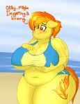  anthro anthrofied beach big_breasts breasts cleavage clothed clothing coatieyay dialogue equid equine female friendship_is_magic hair hasbro hi_res holding_breast mammal my_little_pony orange_hair outside overweight overweight_anthro overweight_female pegasus seaside solo spitfire_(mlp) standing thick_thighs wings wonderbolts_(mlp) yellow_body 