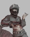  1girl black_hair burn_scar grey_background helmet highres holding holding_key jujutsu_kaisen key lumen_sky motorcycle_helmet navel scar scar_on_face scar_on_stomach simple_background solo toned toned_female yellow_eyes zen'in_maki 