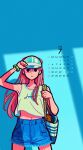  1girl absurdres arm_up bag black_eyes blue_shorts calendar_(medium) cowboy_shot flat_color hat highres long_hair original parted_lips phone_wallpaper pink_hair shadow shorts shoulder_bag solo tank_top wallpaper white_tank_top yoshi_mi_yoshi 