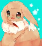 :3 animal_focus banchiku blue_background blush brown_eyes commentary_request eevee fluffy gen_1_pokemon happy jpeg_artifacts light_blush no_humans nose_blush open_mouth pokemon pokemon_(creature) simple_background sitting smile solo 