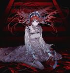  1girl axe black_background black_hairband breasts chain chain_weapon circle_skirt closed_mouth collar colored_eyelashes commentary dress english_commentary floating_hair frilled_collar frilled_dress frilled_hairband frills full_body hair_ribbon hairband highres holding holding_axe holding_chain kuchisake_(synthesizer_v) lolita_fashion lolita_hairband long_hair long_sleeves looking_at_viewer makeup medium_breasts no_shoes object_through_head on_ground pantyhose persona persona_3 red_background red_eyes red_hair ribbon runny_makeup sitting solo tkjnbrnrt tress_ribbon two-tone_background wariza white_collar white_dress white_pantyhose white_ribbon wide_sleeves yellow_pupils yoshino_chidori 