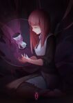  3four barefoot clock closed_eyes commentary dark_background dress feet highres hourglass kneeling long_hair pink_hair purple_hair sitting sitting_on_floor solo sound_horizon string thanatos-ko 