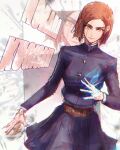  1girl absurdres brown_eyes brown_hair character_name chromatic_aberration closed_mouth commentary cowboy_shot dutch_angle hair_between_eyes highres instagram_logo instagram_username jujutsu_kaisen jujutsu_tech_uniform kugisaki_nobara looking_at_viewer multiple_views short_hair skirt stephengiannart twitter_logo twitter_username 