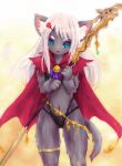  2014 accessory anthro bell blush cape clothing felid female fur grey_body grey_fur hair hair_accessory hairclip holding_object holding_staff looking_at_viewer mammal pink_nose simple_background solo staff tetetor-oort whiskers white_hair 