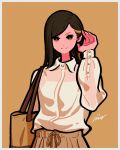  1girl absurdres bag black_hair brown_background brown_bag brown_eyes brown_theme collared_shirt flat_color hand_up highres long_hair long_sleeves mole mole_under_eye multicolored_hair original shirt shirt_tucked_in shoulder_bag simple_background smile solo streaked_hair white_shirt yoshi_mi_yoshi 
