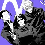 1girl 2boys aged_down clenched_teeth closed_eyes commentary_request dutch_angle getou_suguru gojou_satoru greyscale_with_colored_background hair_bun high_collar highres ieiri_shoko jujutsu_kaisen jujutsu_tech_uniform looking_at_another looking_at_viewer multiple_boys niina_1oo9 one_eye_closed purple_background round_eyewear short_hair signature single_sidelock smile swept_bangs teeth upper_body v 