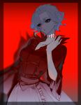  1girl black_sclera blue_pupils collarbone colored_sclera disembodied_head dress frilled_dress frilled_sleeves frills hair_rings highres identity_v looking_at_viewer mary_(identity_v) mumu_003 red_background red_dress stitched_neck stitches three-quarter_sleeves white_hair wide_sleeves 