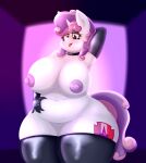  absurd_res areola big_breasts blush breasts choker clothing coatieyay equid equine female friendship_is_magic genitals hasbro hi_res horn jewelry legwear mammal my_little_pony necklace nipples overweight overweight_female pussy slightly_chubby solo sweetie_belle_(mlp) thick_thighs thigh_highs unicorn 