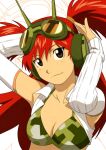  1girl absurdres arakawa_hiromu_(style) arms_up bikini bikini_top_only body_freckles breast_freckles breasts brown_eyes camouflage camouflage_bikini cleavage commentary detached_sleeves english_commentary freckles goggles goggles_on_head green_bikini hair_between_eyes hands_on_headphones headphones highres long_hair looking_at_viewer medium_breasts nifast_(greentail) original parody red_hair shoulder_freckles smile solo style_parody swimsuit truck_(nifast_(greentail)) two_side_up upper_body white_background white_sleeves 