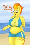  anthro anthrofied beach big_breasts breasts cleavage clothed clothing coatieyay dialogue equid equine female friendship_is_magic hair hasbro hi_res mammal my_little_pony orange_hair outside pegasus seaside solo spitfire_(mlp) standing wings wonderbolts_(mlp) yellow_body 