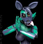 3d_(artwork) animatronic anthro black_background blue_body blue_hair breasts brown_eyes canid canine canis digital_media_(artwork) domestic_dog featureless_breasts female fox german_shepherd green_body hair herding_dog hi_res hybrid looking_at_viewer machine mammal medium_breasts naughty_face one_eye_half-closed open_mouth open_smile pastoral_dog robot robot_anthro sharp_teeth simple_background smile sofy_lauren_foxlott solo source_filmmaker_(artwork) teeth tongue tongue_out watermark zelyonka 