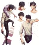  1boy absurdres black_hair black_pants blank_eyes blood blood_on_clothes blood_on_face blood_on_hands commentary cursed_spirit_(jujutsu_kaisen) evil_smile fushiguro_touji highres holding holding_sword holding_weapon instagram_logo instagram_username jujutsu_kaisen multiple_views pants short_hair smile stephengiannart sweater sword twitter_logo twitter_username weapon 