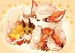  :3 animal_focus arcanine banchiku bangs brown_eyes claws closed_mouth commentary_request eevee eye_contact fangs fennekin fluffy gen_1_pokemon gen_6_pokemon happy looking_at_another lying no_humans on_stomach open_mouth pokemon pokemon_(creature) red_eyes red_hair skin_fangs smile star_(symbol) starry_background stuffed_animal stuffed_toy teddy_bear vulpix yellow_background 
