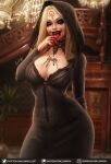  1girl black_dress black_lips blonde_hair blood blood_on_face breasts chandelier cleavage commentary daniela_(resident_evil) dress evil fangs highres hood jewelry large_breasts long_hair looking_at_viewer luminyu necklace resident_evil resident_evil_village signature solo vampire village yellow_eyes 