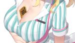  1girl blonde_hair blue_eyes breasts cleavage hachimiya_meguru hand_on_breasts highres idolmaster idolmaster_shiny_colors shirt striped striped_shirt user_mazy8788 white_background 