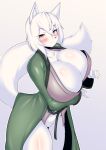  anthro big_breasts blush breasts canid canine chest_tuft cleavage clothed clothing female fur hi_res huge_breasts mammal no_underwear simple_background solo tailzkim tuft white_background white_body white_fur 