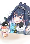  1girl absurdres black_gloves blue_bow blue_bowtie blue_eyes blue_gemstone blue_hair blush bow bowtie chain chain_headband chopsticks cup_ramen gem gloves hair_intakes hashtag-only_commentary heart-shaped_gem highres holding holding_chopsticks hololive hololive_english instant_ramen looking_at_food open_mouth ouro_kronii ouro_kronii_(1st_costume) sailor_collar shino_(shinderera) simple_background solo veil virtual_youtuber white_background white_sailor_collar white_veil 