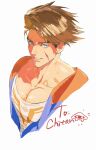  1boy blonde_hair blue_eyes character_request collarbone highres lantern_madoyoi luke_sullivan pectoral_cleavage pectorals portrait scar scar_on_cheek scar_on_face short_hair simple_background street_fighter street_fighter_6 white_background 