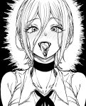  1girl absurdres blood chainsaw_man choker collared_shirt grenade_pin greyscale hair_between_eyes highres looking_at_viewer monochrome neck_ribbon open_mouth qkdtkd558 reze_(chainsaw_man) ribbon severed_tongue shirt sleeveless sleeveless_shirt solo tongue tongue_out 