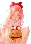  1girl absurdres alternate_color animal-themed_food bare_arms bare_shoulders bow bow_earrings bowtie brooch brown_eyes burger cat character-themed_food chinese_commentary commentary_request earrings eyelashes fingernails floral_memory_(infinity_nikki) food frilled_shirt frills glint hair_bow happy highres holding holding_food infinity_nikki jewelry kfc long_hair looking_at_food miaomiaohetadelanlusexinghai momo_(nikki) nikki_(nikki) nikki_(series) open_mouth pink_hair red_bow red_bowtie shirt simple_background sleeveless sleeveless_shirt smile straight-on striped_bow teeth turtleneck turtleneck_shirt upper_body upper_teeth_only very_long_hair white_background white_shirt 