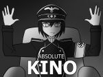 1girl absolute_cinema_(meme) armband artist_name english_text fang greyscale hands_up koalakanru looking_at_viewer meme military_uniform monochrome nazi original reichsadler sitting solo sven_hoffmann swastika waffen-ss 