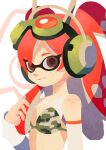  1girl absurdres bikini bikini_top_only body_freckles breasts brown_eyes camouflage camouflage_bikini cleavage commentary detached_sleeves english_commentary freckles goggles goggles_on_head green_bikini hair_between_eyes hand_in_own_hair headphones highres inkling inoue_seita_(style) long_hair looking_at_viewer medium_breasts nifast_(greentail) original parody red_hair shoulder_freckles shrug_(clothing) smile solo splatoon_(series) style_parody swimsuit tentacle_hair truck_(nifast_(greentail)) two_side_up upper_body white_background white_sleeves 