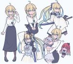  aesc_(fate) aesc_(rain_witch)_(fate) aesc_(savior)_(fate) ahoge baobhan_sith_(fate) black_bow black_gloves blonde_hair blue_eyes bow braid closed_eyes earrings fate/grand_order fate_(series) fur_trim glasses gloves grey_eyes grey_hair hair_between_eyes hair_bow highres holding holding_sword holding_weapon ichigo_berry jewelry long_hair looking_at_viewer melusine_(fate) multiple_girls pink_hair pointy_ears ponytail simple_background smile sword very_long_hair weapon 