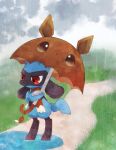  1boy annoyed banchiku brown_scarf child closed_mouth clothed_pokemon cloud cloudy_sky commentary_request day eevee full_body furry gen_1_pokemon gen_4_pokemon grass grey_sky holding holding_umbrella jpeg_artifacts looking_down male_focus outdoors path pokemon pokemon_(creature) puddle rain red_eyes riolu road scarf sideways_mouth sky solo standing umbrella 