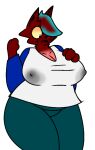  animal_humanoid anthro big_breasts blue_hair breasts casey_(potatochip) clothed clothing domestic_cat felid felid_humanoid feline feline_humanoid felis female fur hair hand_on_breast humanoid mammal mammal_humanoid potatochip_(artist) red_body red_fur slightly_chubby solo surprise visible_nipples wide_hips 