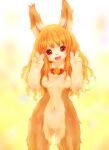  2014 anthro blush breasts female front_facing gesture hi_res lagomorph leporid mammal naturally_censored navel open_mouth rabbit red_eyes simple_background smile solo tetetor-oort v_sign 