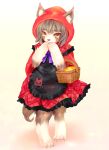  2013 amber_eyes anthro apron bodily_fluids canid clothing dress female little_red_riding_hood little_red_riding_hood_(copyright) looking_at_viewer mammal red_clothing red_dress simple_background solo standing tears tetetor-oort 