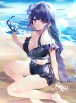  1girl absurdres alternate_costume anklet bare_arms bare_legs bare_shoulders barefoot beach bikini blue_pupils blue_sky blunt_bangs blurry blush braclet braid breasts cleavage cloud cloudy_sky collarbone depth_of_field flower flower_ornament frilled_bikini frills genshin_impact hair_flower hair_ornament highres holding holding_removed_eyewear huge_breasts jewelry leaning_to_the_side light_particles long_braid long_hair looking_at_viewer looking_to_the_side mole mole_under_eye multicolored_eyes multicolored_hair ocean off_shoulder on_ground parted_lips purple_bikini purple_eyes purple_flower purple_hair purple_nails raiden_shogun sand shade shy single_braid sitting sky solo stomach streaked_hair sunglasses swimsuit thighs unworn_eyewear upper_body zoo_min 