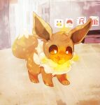  :3 animal_focus banchiku brown_eyes building closed_mouth commentary_request crystal day eevee fire_stone fluffy full_body gen_1_pokemon glowing happy highres mouth_hold no_humans outdoors pikachu poke_ball_symbol pokemon pokemon_(creature) sign smile solo standing 