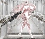  absurd_res anthro big_breasts breasts canid canine carsen clothing female footwear gun hi_res high_heels holding_gun holding_object holding_weapon mammal ranged_weapon shoes solo weapon white_body 