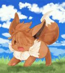 :3 animal_focus banchiku bangs blue_sky blush brown_eyes brown_hair cloud commentary_request day eevee fluffy full_body gen_1_pokemon grass hair_over_eyes highres no_humans open_mouth outdoors pawpads pokemon pokemon_(creature) short_hair sky solo standing 
