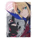  2boys artist_name bandage_over_one_eye bandaged_head bandaged_neck bandages bandages_over_mouth black_bandages blonde_hair border closed_mouth commentary_request covered_mouth dainsleif_(genshin_impact) elmar eye_mask genshin_impact grey_hair hair_between_eyes half_eye_mask half_mask high_collar male_focus mask medium_hair multiple_boys mystical_high_collar one_eye_covered parted_bangs popped_collar red_eyes rerir_(genshin_impact) serious short_hair signature upper_body v-shaped_eyebrows watermark white_border 