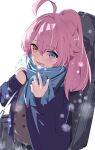  1girl absurdres ahoge bag black_bag blue_archive blue_eyes blue_jacket blue_scarf grey_skirt hair_between_eyes heterochromia highres hoshino_(blue_archive) hoshino_(second_year)_(blue_archive) jacket long_hair open_clothes open_jacket open_mouth pink_hair plaid_clothes plaid_skirt pleated_skirt ponytail scarf school_bag school_uniform simple_background skirt smile snowing solo upper_body weapon_case white_background yellow_eyes yomogimushi 