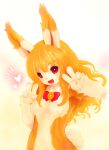  2015 4_fingers anthro blonde_hair blush breasts female fingers gesture hair lagomorph leporid looking_at_viewer mammal naturally_censored rabbit red_eyes simple_background smile solo tetetor-oort v_sign 