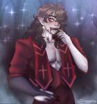 2024 5_fingers abs arms_bent armwear artist_name black_claws black_eyebrows black_hair blood blood_in_mouth bodily_fluids bottomwear claws clothed clothed_humanoid clothed_male clothing colored digital_drawing_(artwork) digital_media_(artwork) elbow_gloves english_description eyebrows eyelashes finger_claws fingers fishnet_armwear fishnet_clothing fishnet_elbow_gloves fishnet_gloves fishnet_handwear fog forest forest_background fully_clothed fully_clothed_humanoid fully_clothed_male glossopho gloves grey_body grey_lips grey_skin hair hair_over_eye half-length_portrait handwear humanoid humanoid_pointy_ears light lighting lips long_hair looking_at_viewer male male_humanoid muscular muscular_humanoid muscular_male nature nature_background neck_wound not_furry outside pants pecs plant pointy_ears portrait red_bottomwear red_clothing red_eyes red_pants red_scarf red_shirt red_topwear scarf shaded shirt smile smiling_at_viewer solo sparkles text tobias_(tobsterbath) topwear tree vampire