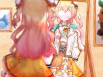  absurdres aqua_capelet blonde_hair blush bun_cover capelet chinese_clothes clothes_hanger commentary_request double_bun dress faceless gradient_hair green_eyes highres holding holding_clothes hololive huge_filesize long_hair mirror momosuzu_nene multicolored_hair orange_dress osamu_mikan pink_hair reflection short_dress smile two_side_up virtual_youtuber 