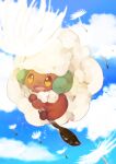  absurdly_long_hair animal_focus banchiku big_hair blue_sky brown_eyes cloud commentary_request dandelion_seed day floating full_body gen_5_pokemon highres long_hair no_humans open_mouth outdoors pokemon pokemon_(creature) sky solo very_long_hair whimsicott white_hair 