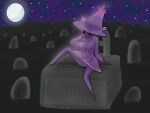 anthro breasts casual_loser cemetery clothing female full_moon game_freak generation_4_pokemon genitals grass hand_under_chin hat headgear headwear heterochromia hi_res mismagius moon night nightgown nintendo nipples plant pokemon pokemon_(species) purple_body raised_leg red_eyes shaded shadow sitting sitting_on_grave solo solo_focus star tombstone vulva watermark witch_hat yellow_eyes