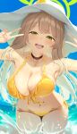  1girl absurdres bikini black_choker blonde_hair blue_archive blue_sky breasts choker cleavage commentary cowboy_shot day double_v frilled_bikini frills front-tie_bikini_top front-tie_top green_eyes green_halo halo hat heart heart-shaped_pupils highres large_breasts long_hair looking_at_viewer navel nonomi_(blue_archive) nonomi_(swimsuit)_(blue_archive) open_mouth outdoors rakuraku_dou side-tie_bikini_bottom sky smile solo splashing stomach string_bikini sun_hat swimsuit symbol-shaped_pupils v water white_hat yellow_bikini 