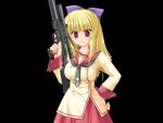  1girl 2000s_(style) black_background blonde_hair blunt_bangs blush bow breasts closed_mouth collarbone cowboy_shot drill_hair drill_sidelocks game_cg grey_neckerchief gun h&amp;k_psg1 hair_bow hand_on_own_hip holding holding_gun holding_weapon honoo_no_haramase_tenkousei huge_breasts long_hair long_sleeves looking_at_viewer miyasu_risa neckerchief purple_bow red_eyes red_sailor_collar rifle ryuugasaki_reika sailor_collar sailor_shirt school_uniform scope serafuku shirt sidelocks simple_background skirt sniper_rifle solo standing surprised tachi-e tsurime twin_drills variant_set very_long_hair weapon wide-eyed yellow_serafuku 